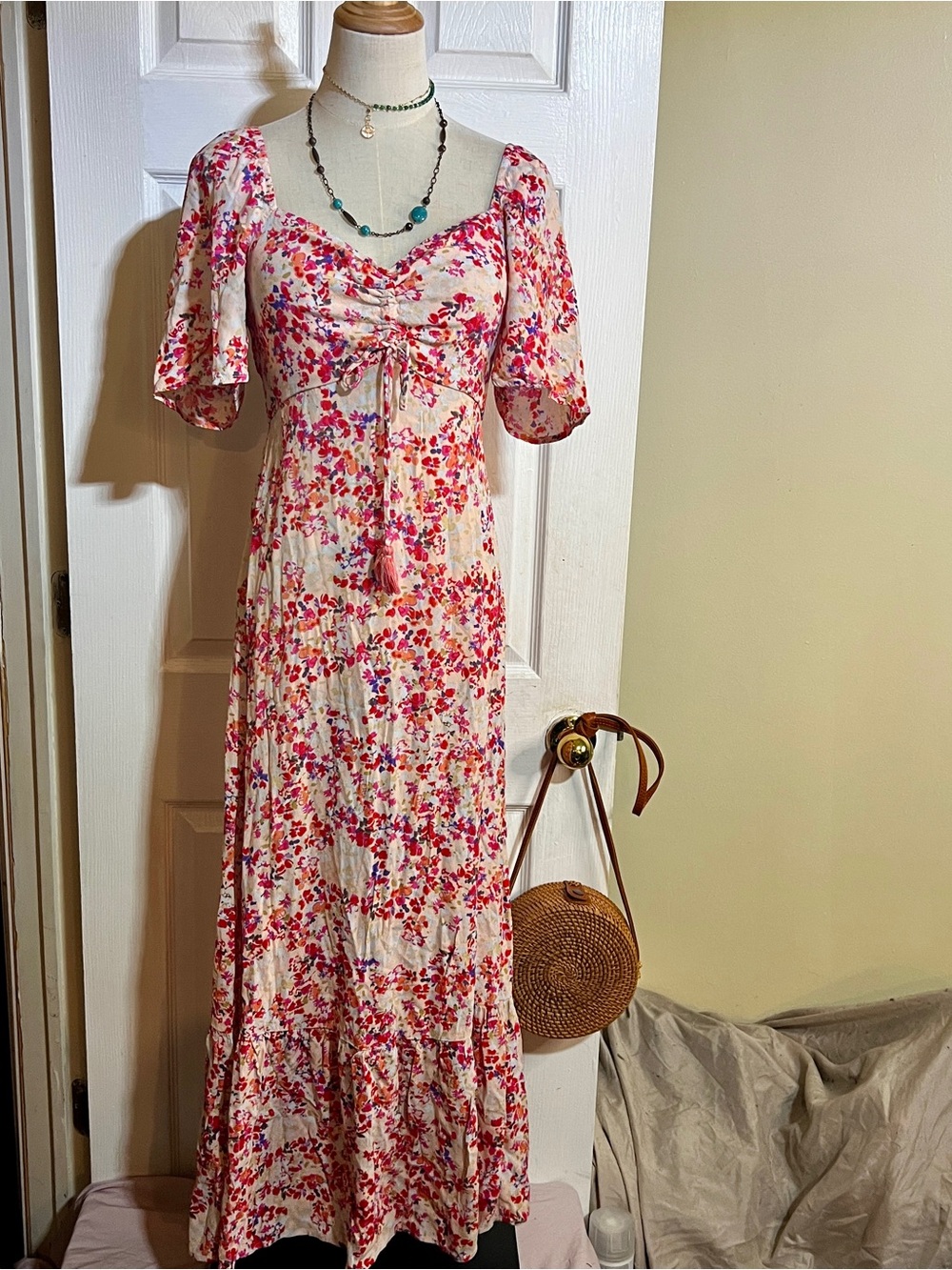 LoveStitch Wms Cream Red Floral Pleated Smocked Cottagecore Maxi Dress S/M - Picture 3 of 11